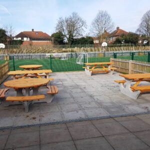 3 big benches and 2 round picnic tables